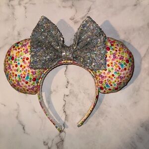 🎉 Disney Parks Confetti Minnie Mouse Ears Headband with Silver Glitter Bow
